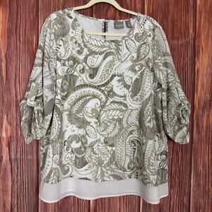Chico's Paisley Print Blouse Roll Tab Sleeve Size 2 US Large L Taupe Tan